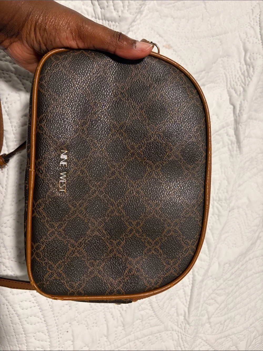 Nine West Brown Monogram Messenger Crossbody with Tan Trim